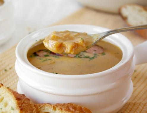 Beer Cheese Soup with Roasted Root Vegetables