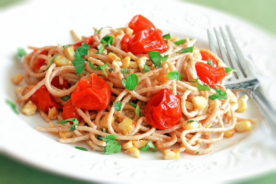 Spaghetti with Roasted Sweet Corn and Cherry Tomatoes