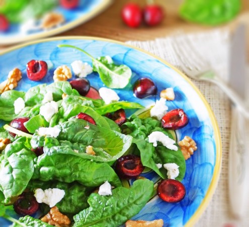 Spinach Salad with Cherries, Goat Cheese and Walnuts