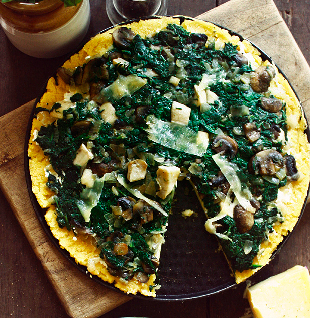 Polenta Pizza with Spinach, Mushrooms and Ricotta
