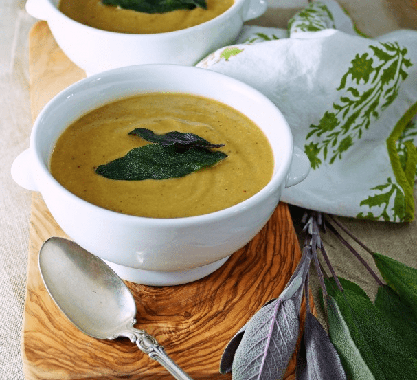 Roasted Eggplant Lentil Soup with Crispy Sage Leaves