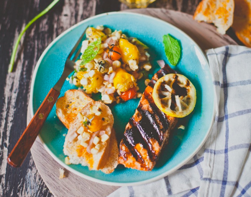 Grilled Salmon with Corn and Heirloom Tomato Salad