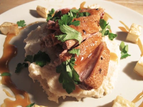 Duck Aigre Douce with Roasted Garlic and Celeriac Mash