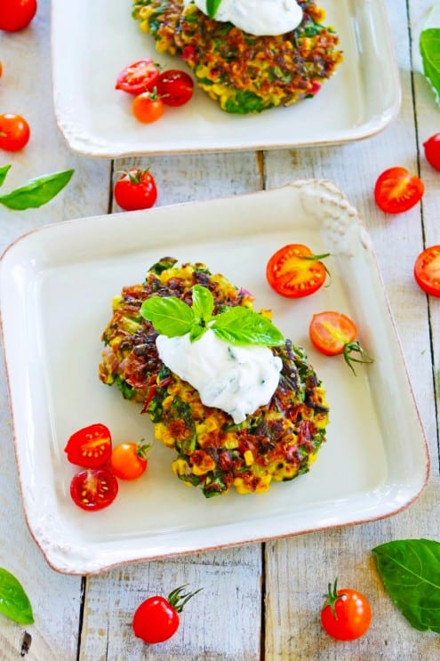 Rainbow Chard and Corn Fritters with Herbed Goat Cheese Sauce