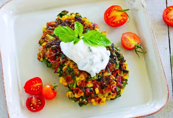 Rainbow Chard and Corn Fritters with Herbed Goat Cheese Sauce