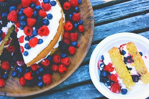 Polenta Olive Oil Layer Cake with Fruit and Créme Fraîche Whipped Cream
