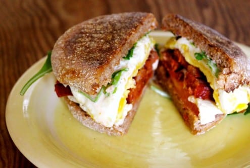 Fried Egg Sandwich with Chorizo, Mozzarella, Arugula and Fiery Aioli