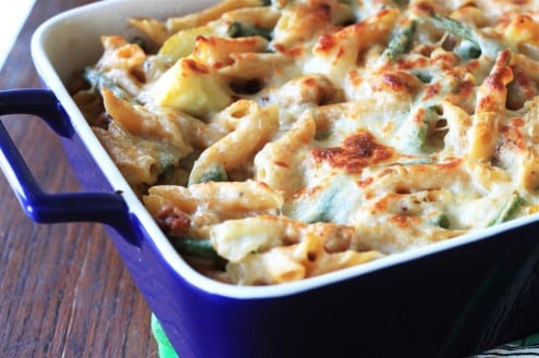 Baked Pasta with Veggies, Sausage and Goat Cheese Sauce