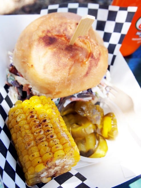 Pulled pork burger, BBQ corn and pickles
