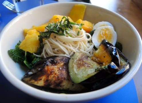 chilled noodles with that wilted kale plus eggplant, mango, chili, basil and for a supplement of $2, a hard-boiled egg
