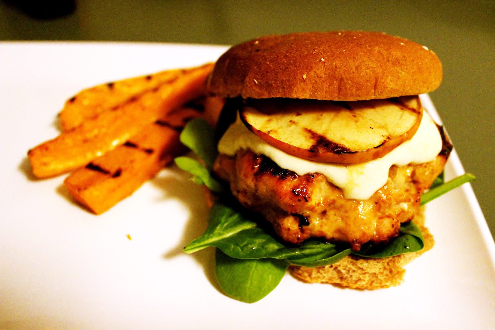 Pork Burgers with Grilled Apple and Cheddar