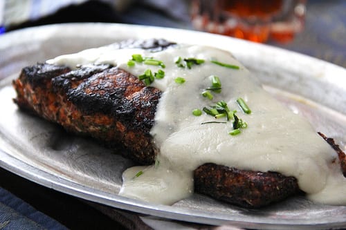 Blackened Salmon topped with Danish Blue Cheese Sauce