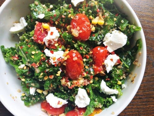 Kale Salad with Roasted Tomatoes and Toasted Quinoia 