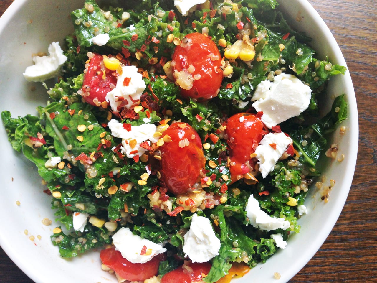 Kale Salad with Roasted Tomatoes and Toasted Quinoia