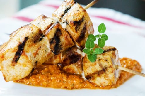 Swordfish Skewers with Red Pepper Pesto