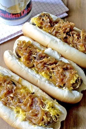 Caramelized Beer Onions and Cheddar Bratwurst