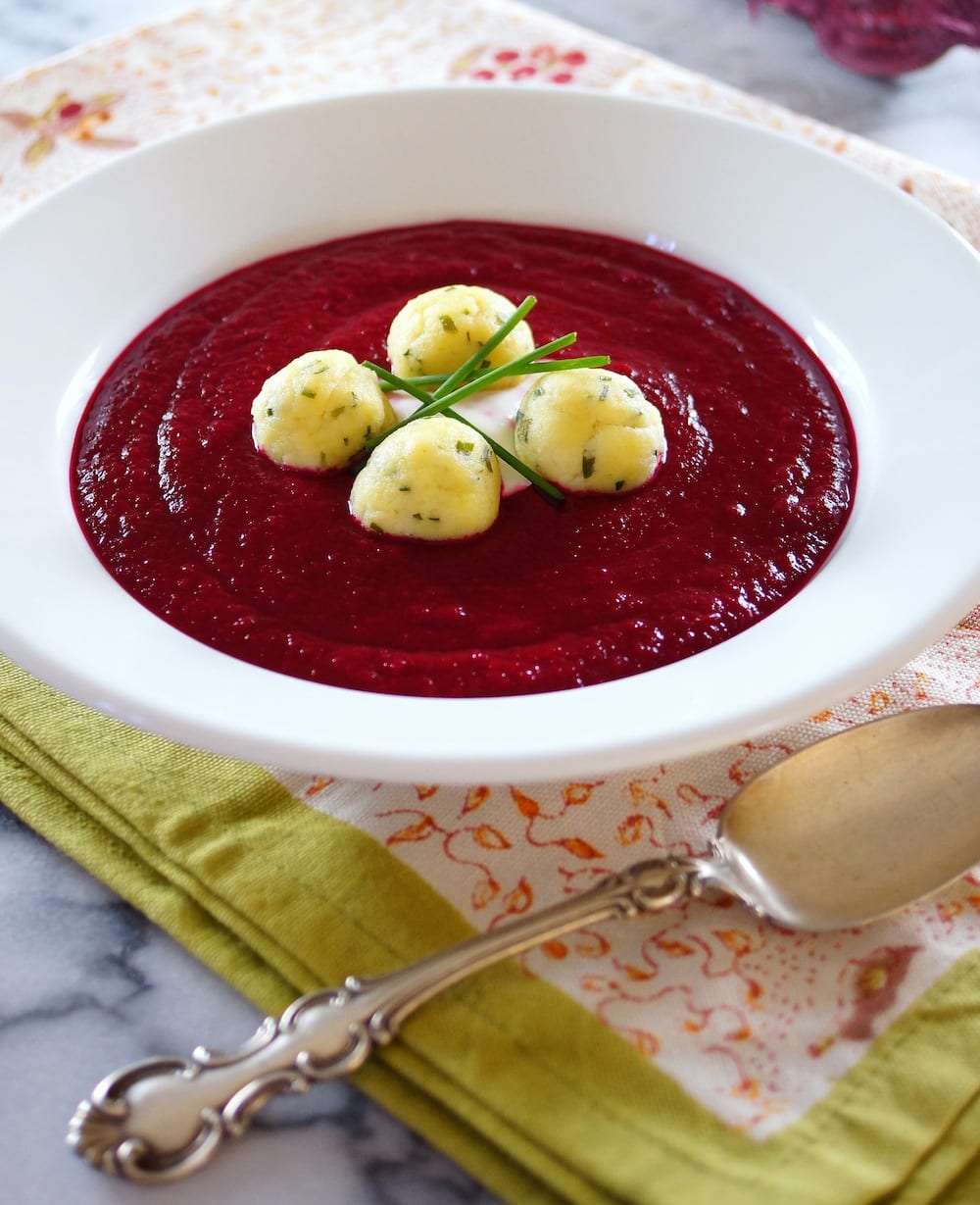 Beetroot Soup with Horseradish Dumplings and Chives