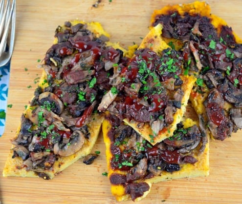 Cashew Polenta with Mushrooms and Tomato-Pomegranate Reduction