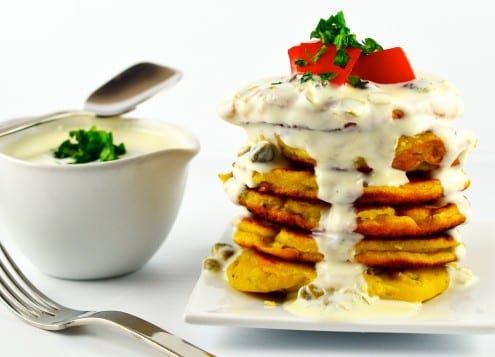 Chickpea Flour Pancakes with Greek Yogurt Caper Sauce