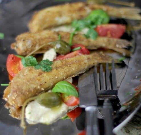 Fried Whiting with Smoked Eggplant and Caperberries