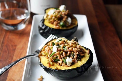 Roasted Acorn Squash with Farro, Mung Beans and Goat Cheese