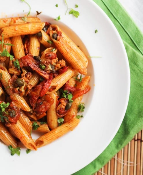 Pasta with Harissa Roasted Cauliflower, Tomatoes, Carrots and Capers