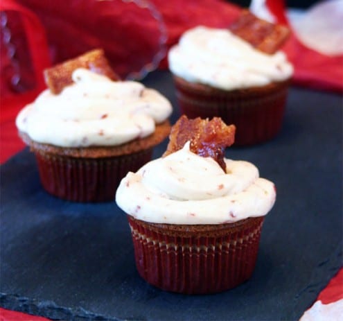 Maple Stout Cupcakes with Candied Cayenne Bacon