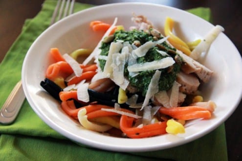 Spinach and Pumpkin Seed Pesto Chicken over Pasta