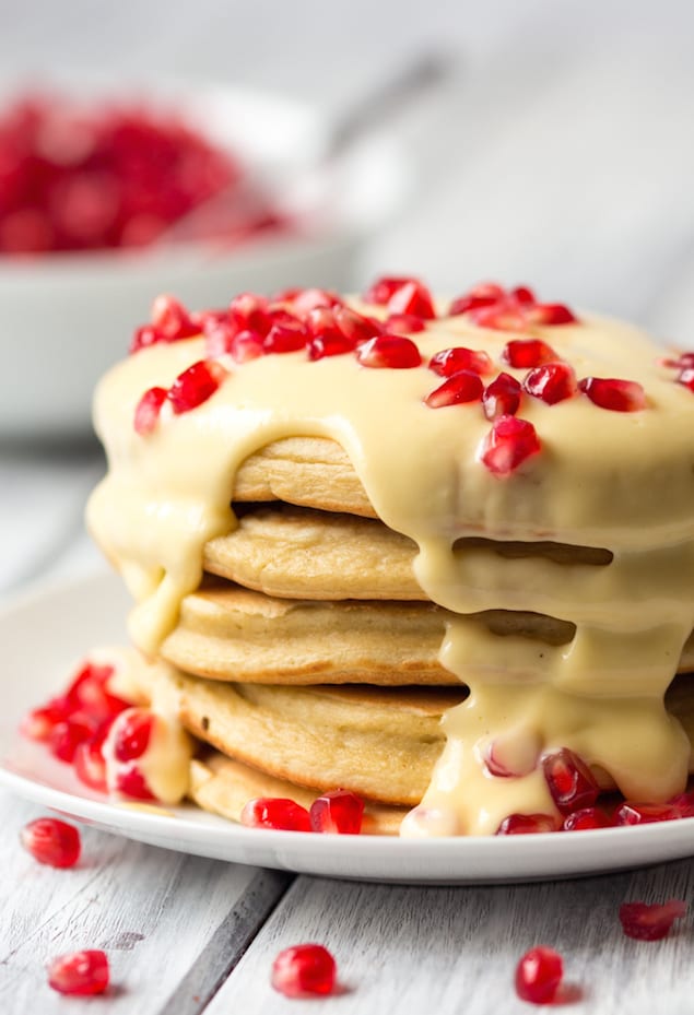 Ricotta Pancakes with Lemon Sauce and Pomegranate Seeds