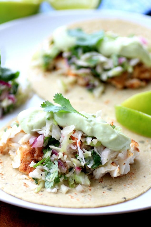 Crispy Fish Tacos with Avocado Sauce and Cilantro Slaw