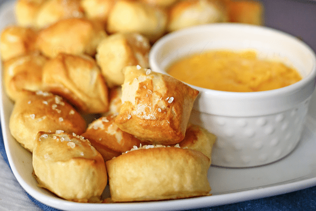 Soft Pretzel Bites with Smoked Gouda Cheese Dip.