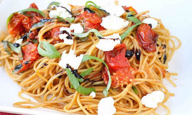 Simple Roasted Tomato Pasta with Basil and Goat Cheese