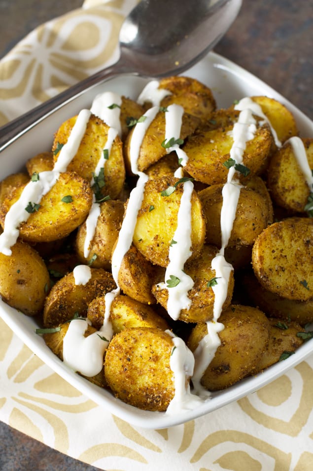 Roasted Curry Potatoes with Greek Yogurt Sauce