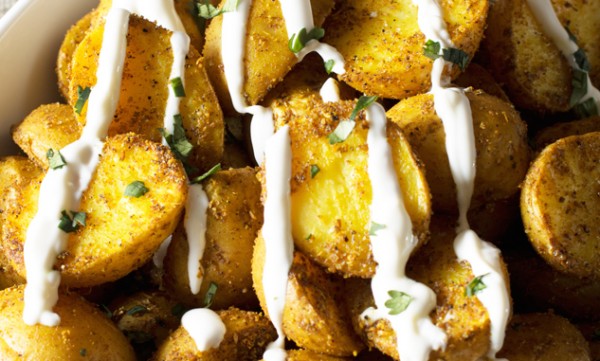 Roasted Curry Potatoes with Greek Yogurt Sauce