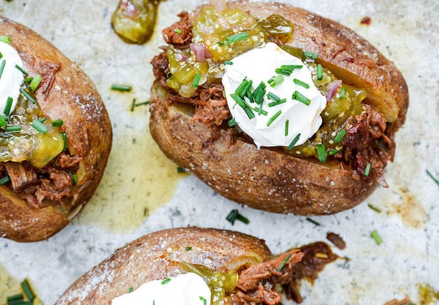 Loaded Baked Potatoes with Barbecue Beef and Tomatillo Jam