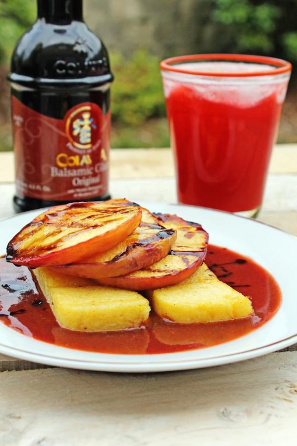 Grilled Peaches and Polenta with Strawberry Balsamic Sauce with Colavita