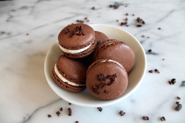 Bourbon Buttercream and Cocoa Nib Macarons