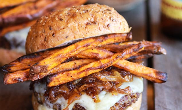 burger topped with fries