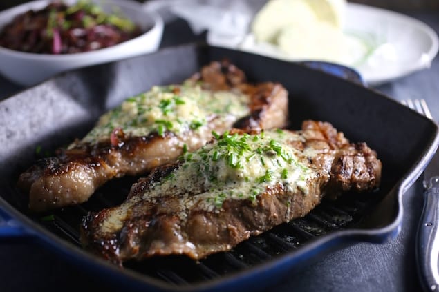 Pan-Seared Flank Steak with Mustard-Chive Butter