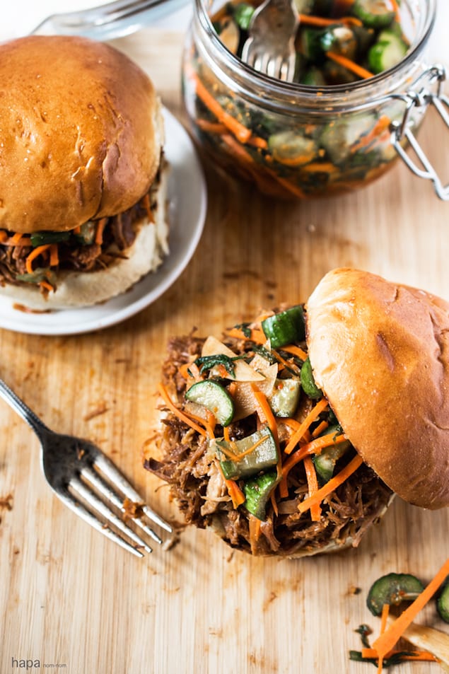 Korean Pulled Pork Sandwiches with Cucumber Kimchi