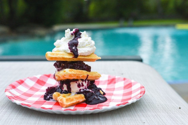 Ice Cream and Waffle Sandwiches with Blueberry and Raspberry Sauces