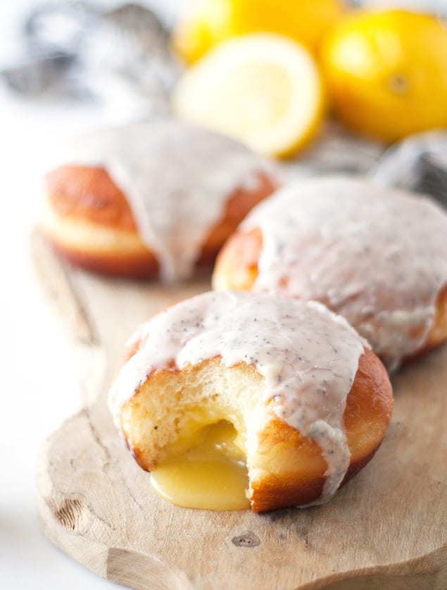 Lemon Curd Filled Donuts with Poppyseed Glaze