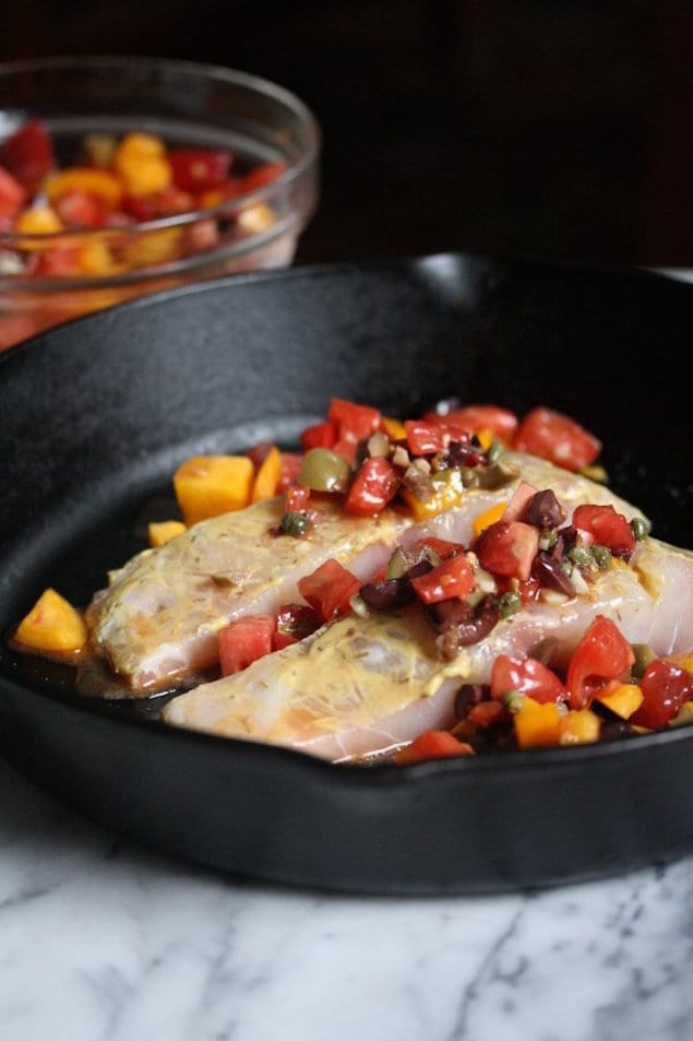Easy Broiled Bass with Tomatoes and Olives