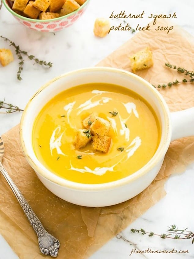 Butternut and Potato Leek Soup with Thyme Croutons