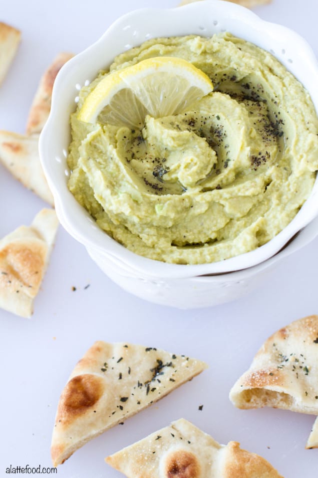 Lemon and Avocado Hummus with Parmesan Pita Chips