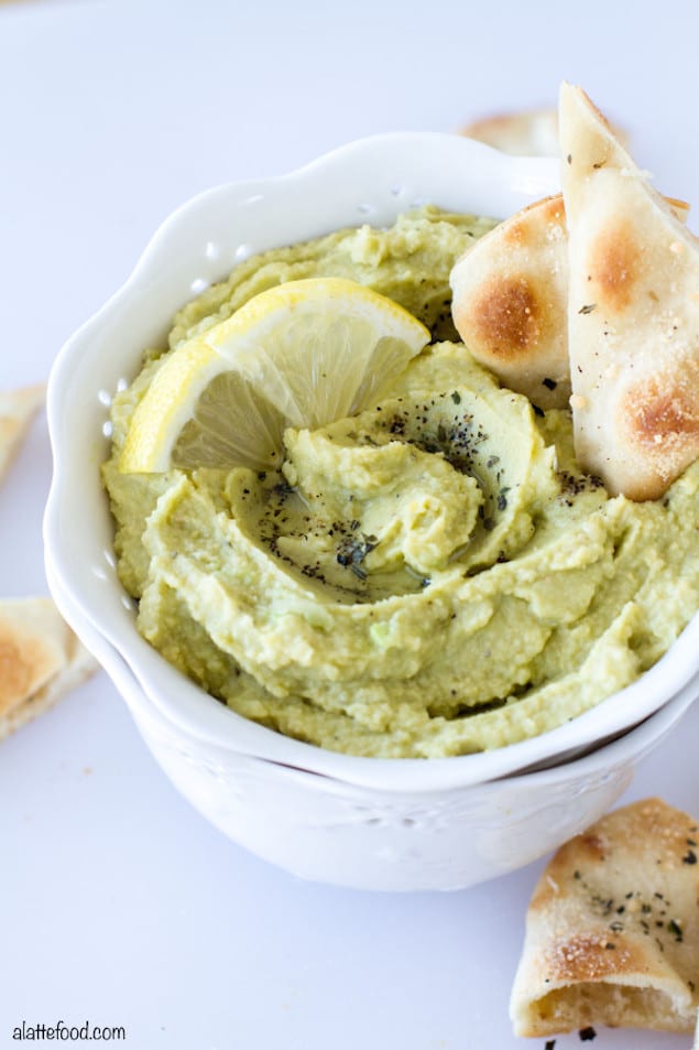 Lemon and Avocado Hummus with Parmesan Pita Chips