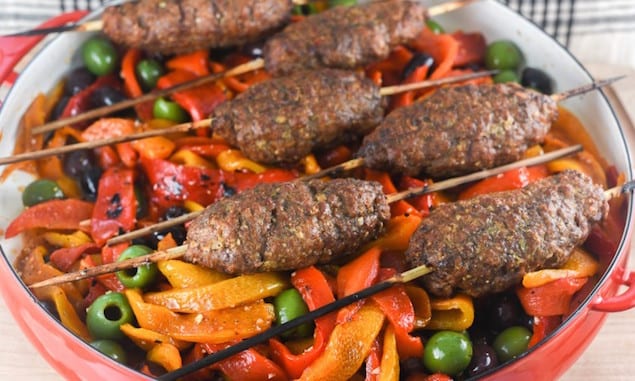 Grilled Meatball Kebabs and Roasted Pepper Salad