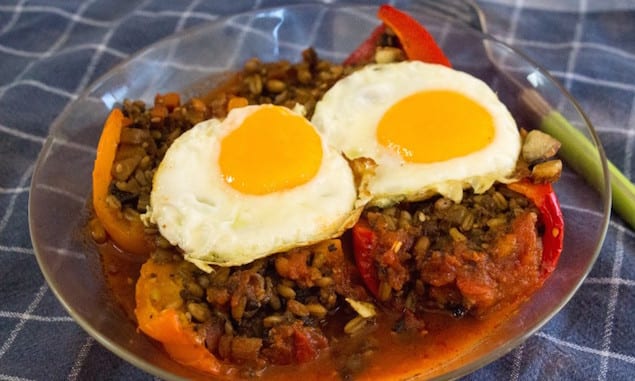 Freekeh-Stuffed Red Peppers with Fried Eggs