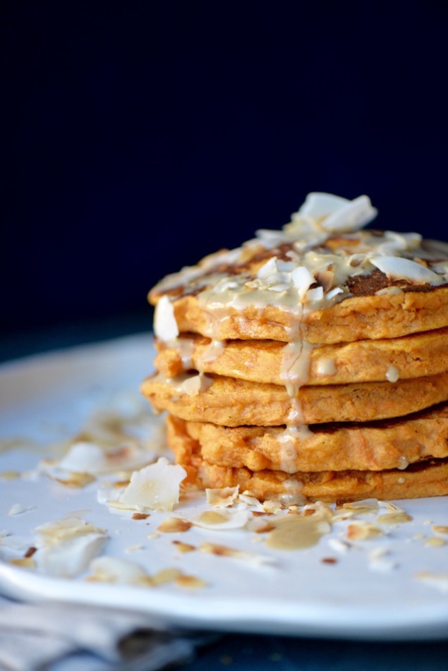 Tahini and Maple Sweet Potato Pancakes with Coconut