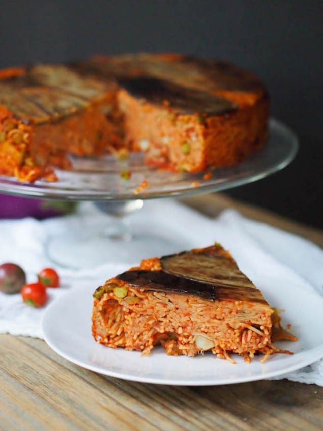 Eggplant Timballo and Chocolate Chili Polenta and Orange cake